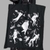 Black tote bag with a white witchy print.