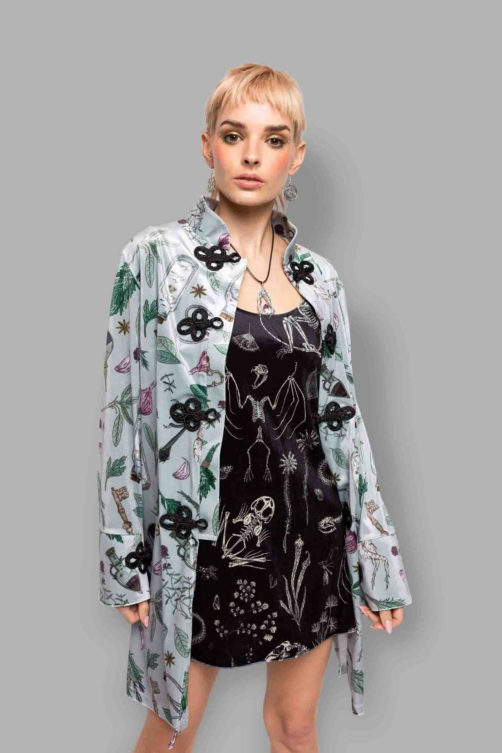 cosmic drifters frog clasp velvet jacket forest witch print close