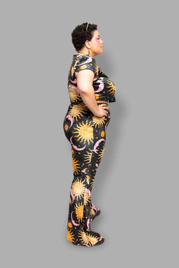 cosmic drifters high waist velvet bell bottoms celestial dreams print side