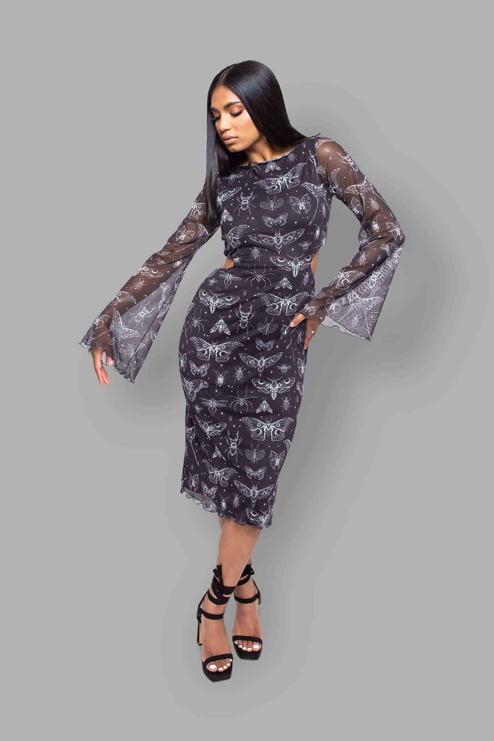 backless bell sleeve midi dress insectum print front