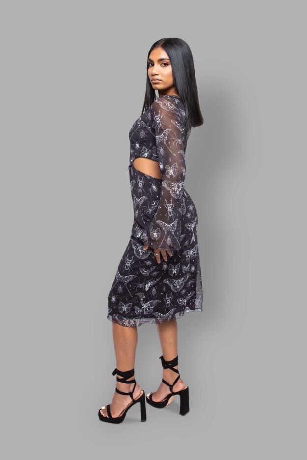backless bell sleeve midi dress insectum print side
