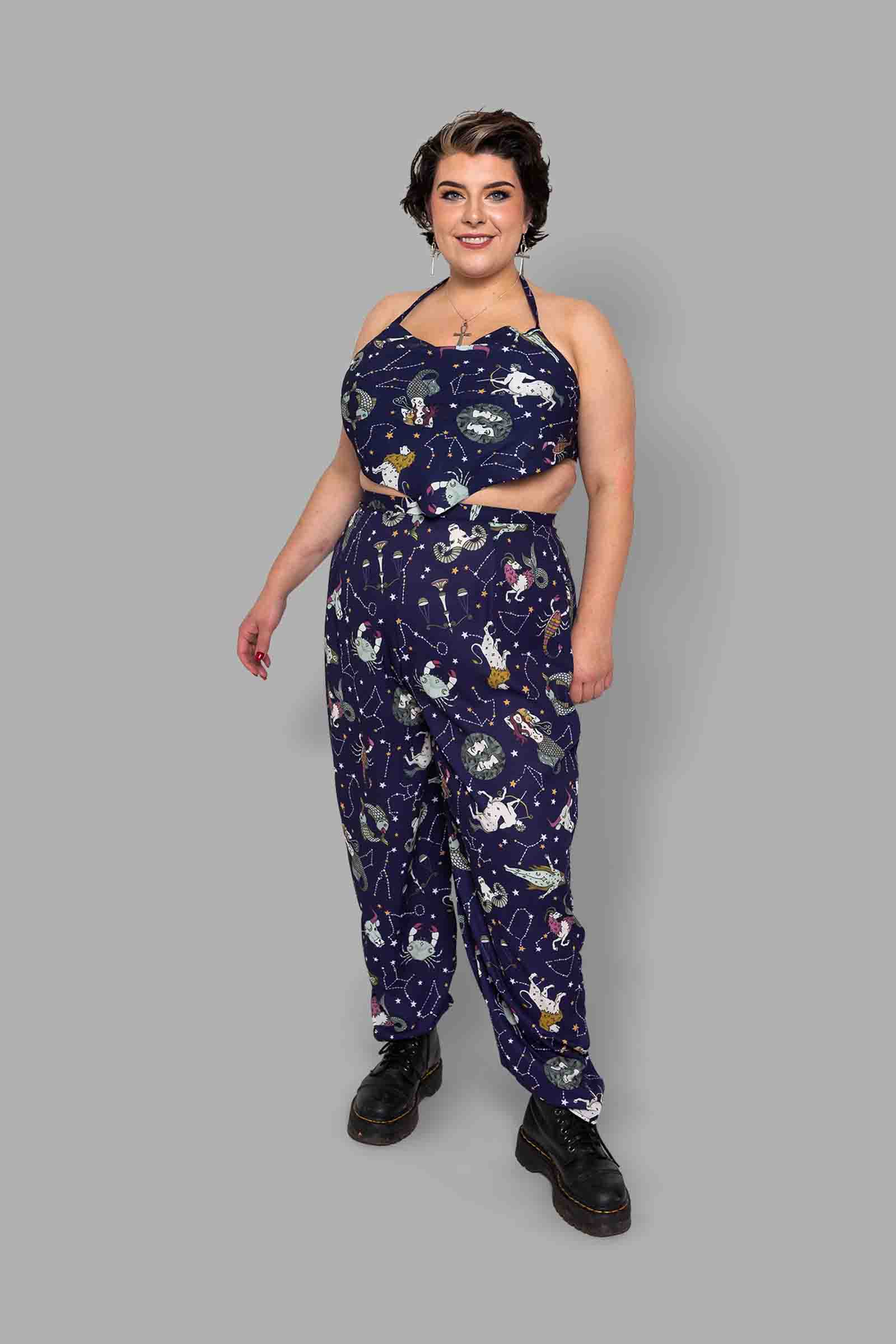 cosmic drifters high waist tapered trousers front zodiac skies