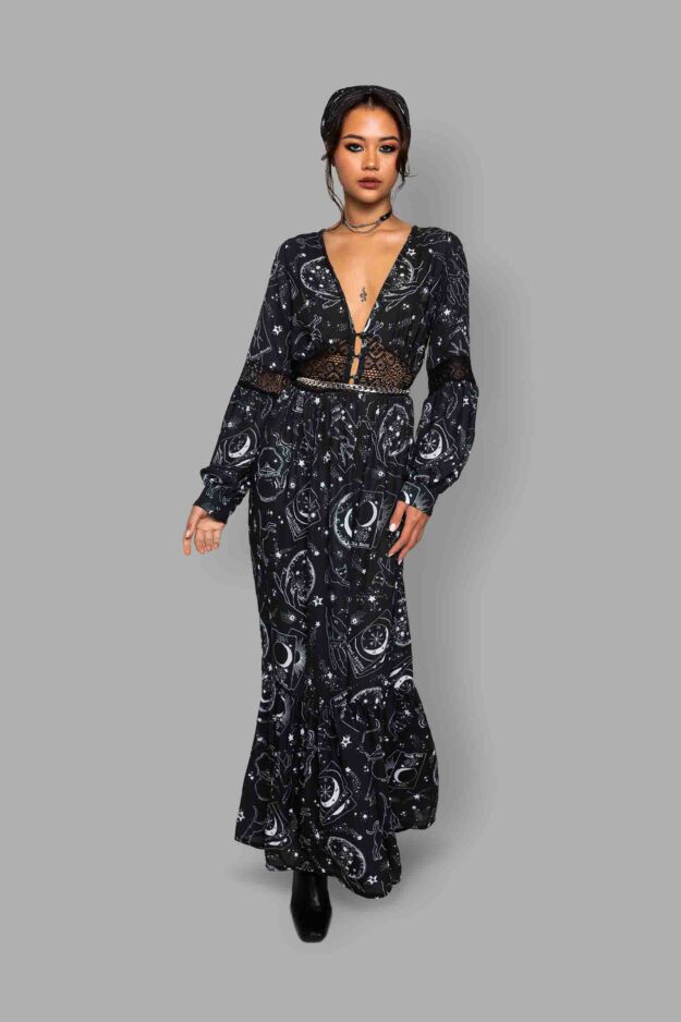 cosmic drifters lace insert maxi dress front travelling carnival2