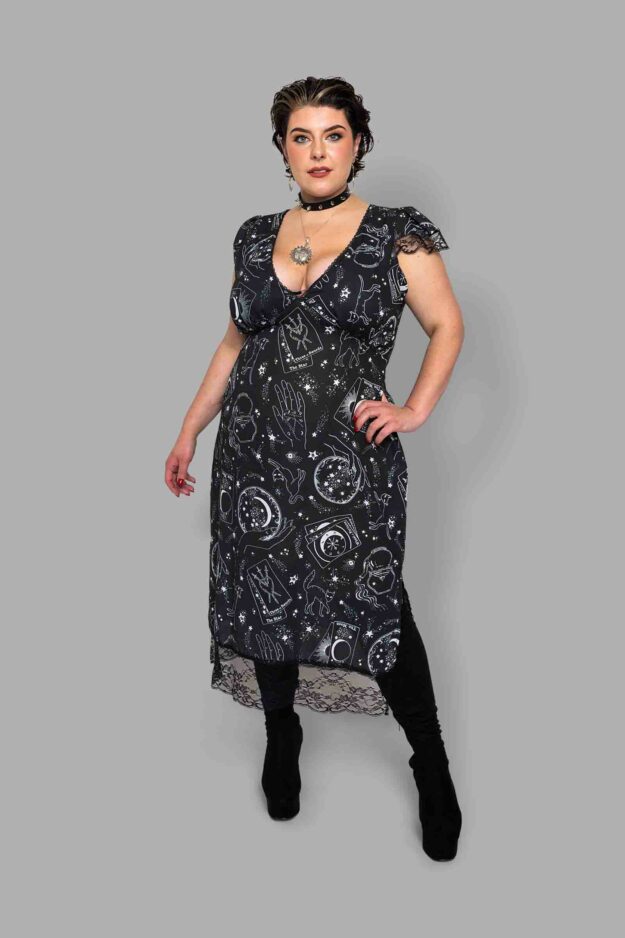 cosmic drifters capped sleeve midi dress front travelling carnival