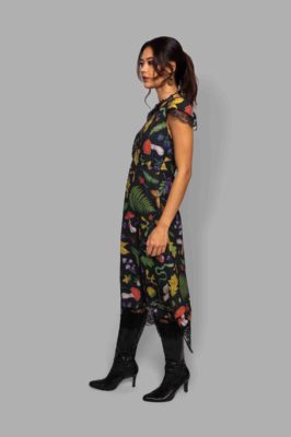 cosmic drifters capped sleeve midi dress side hedge witch