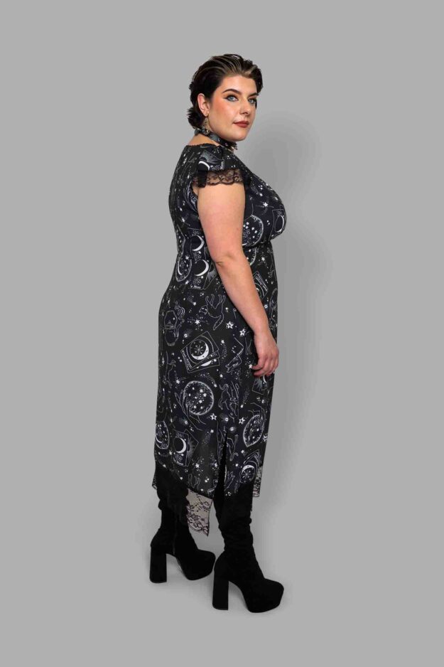 cosmic drifters capped sleeve midi dress side travelling carnival