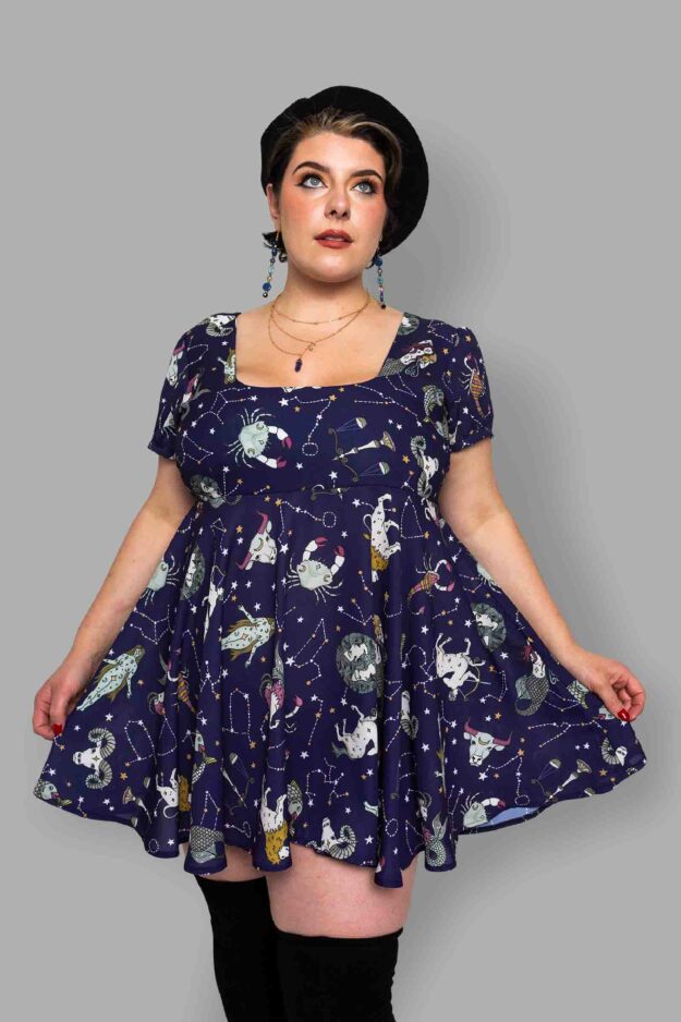 cosmic drifters capped sleeve square neck babydoll dress close zodiac skies