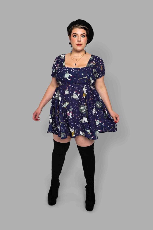 cosmic drifters capped sleeve square neck babydoll dress front zodiac skies