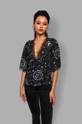 cosmic drifters fitted v neck top front travelling carnival