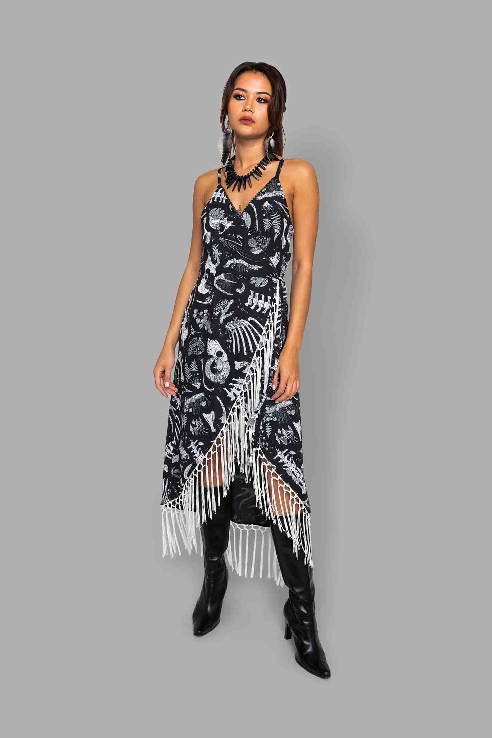cosmic drifters fringed wrap dress front fungalis