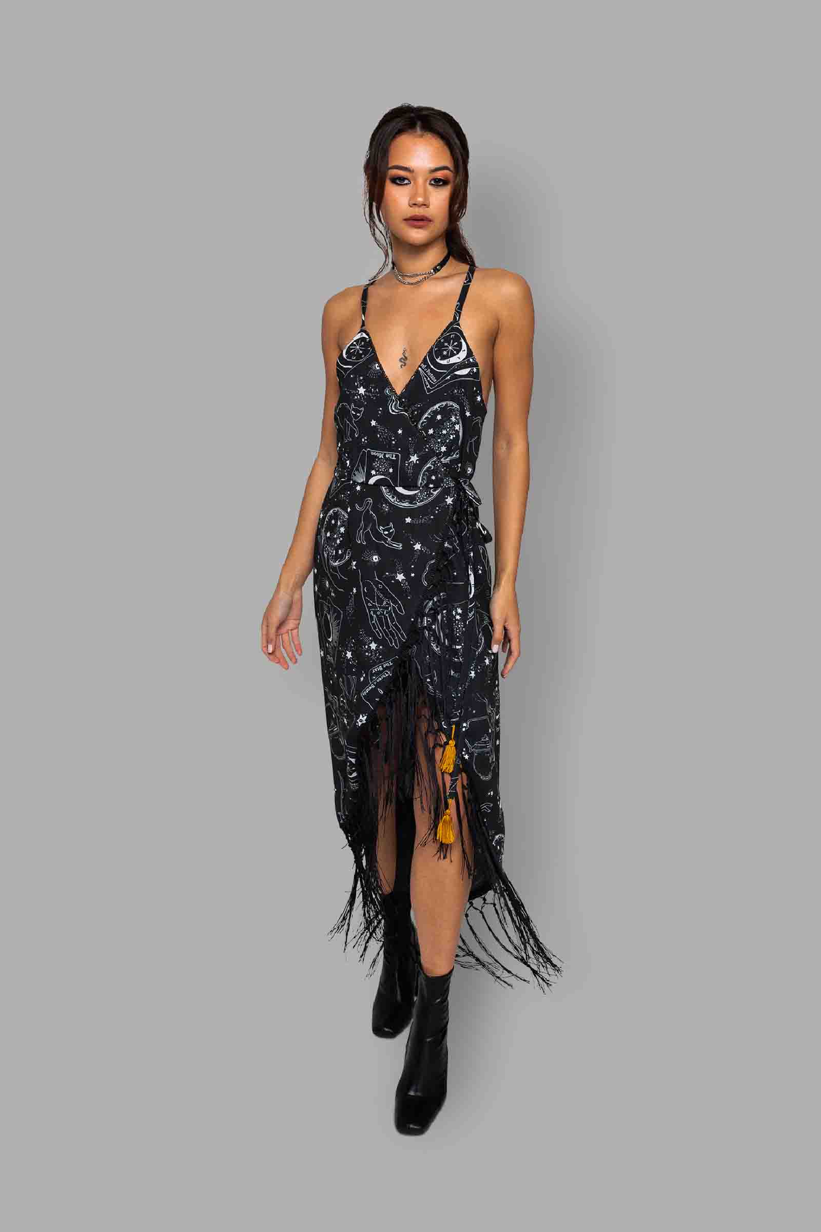 cosmic drifters fringed wrap dress front travelling carnival