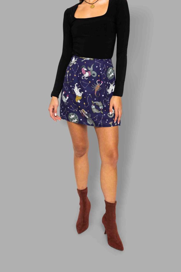 cosmic drifters fully lined mini skirt close zodiac skies