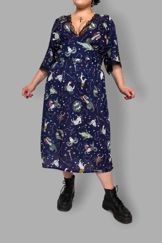 cosmic drifters high waist midi skirt close zodiac skies
