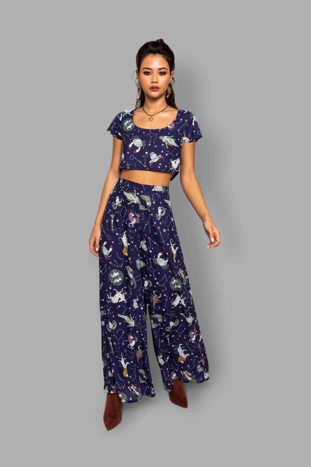 cosmic drifters high waisted wide leg trousers front zodiac skies