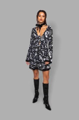 cosmic drifters lace up bell sleeve mini dress front fungalis
