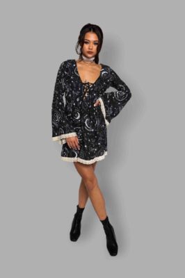 cosmic drifters lace up bell sleeve mini dress front travelling carnival
