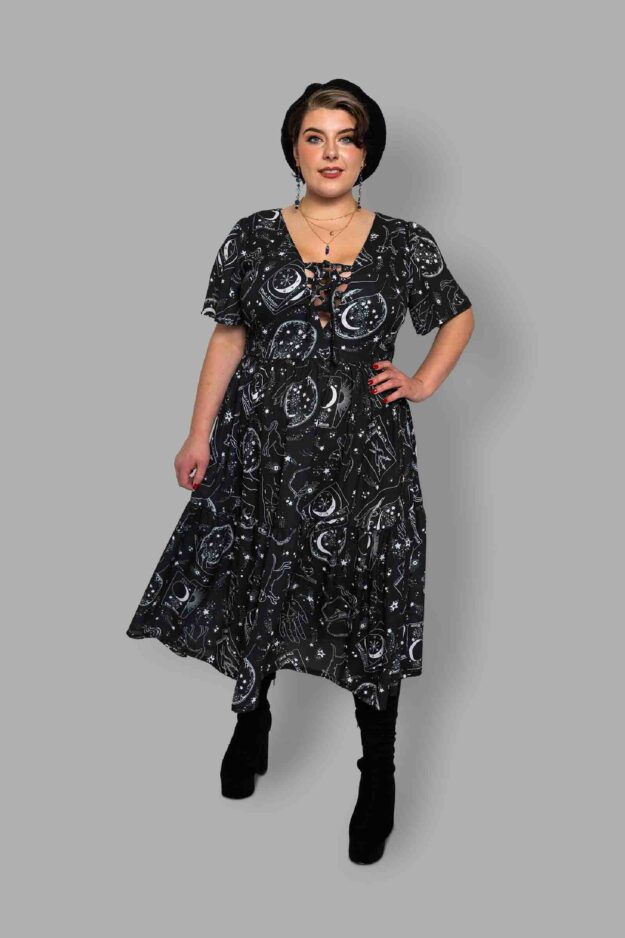 cosmic drifters lace up midaxi dress front travelling carnival