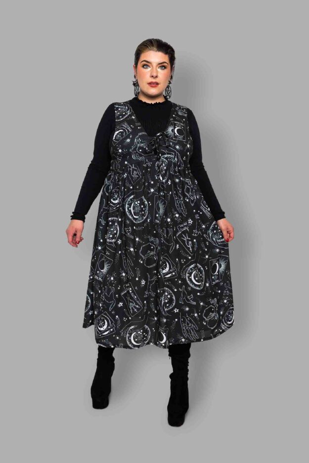 cosmic drifters midi pinafore dress front travelling carnival