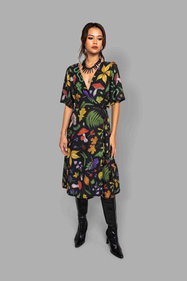 cosmic drifters midi wrap dress front hedge witch