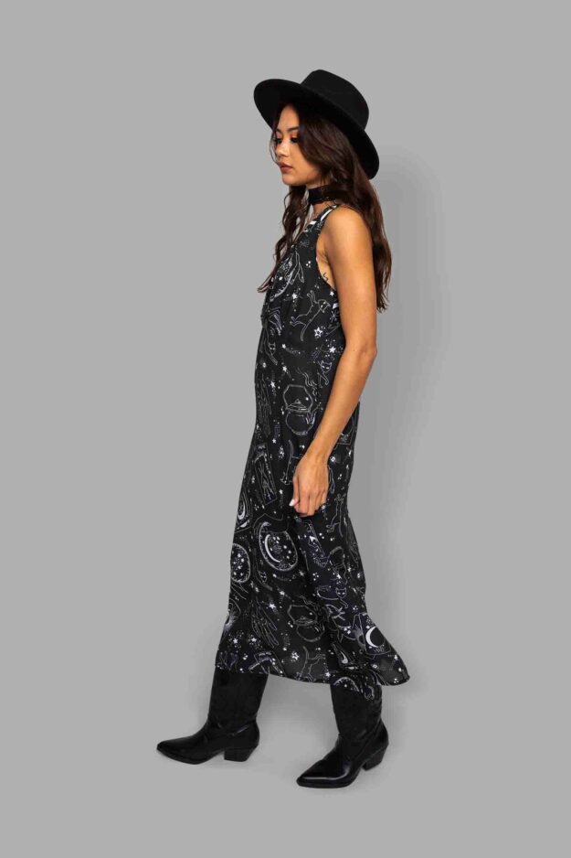 cosmic drifters plunge maxi dress front travelling carnival