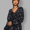 cosmic drifters tie neck bell sleeved midi dress close travelling carnival
