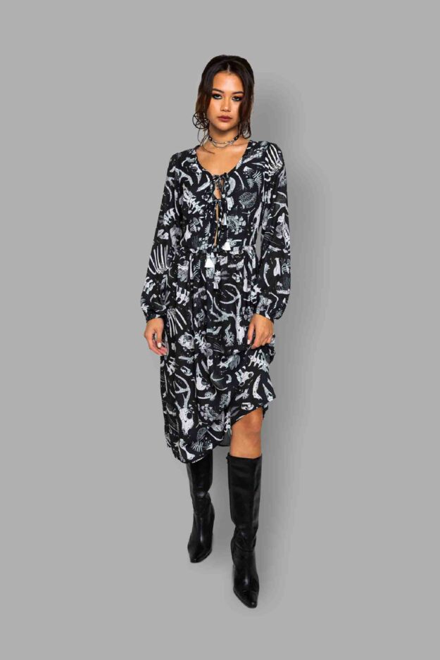 cosmic drifters tie neck bell sleeved midi dress front fungalis