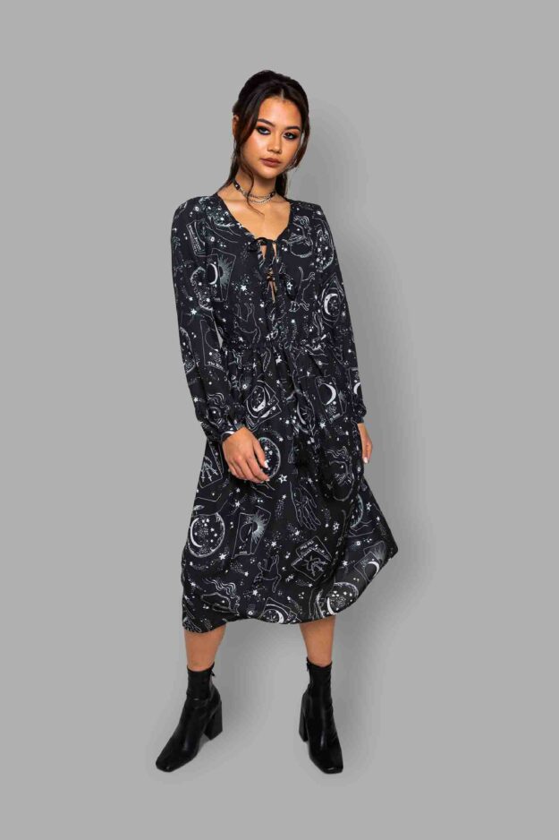 cosmic drifters tie neck bell sleeved midi dress front travelling carnival