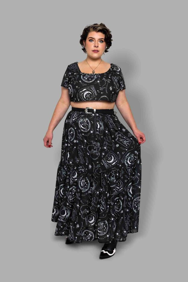 cosmic drifters tiered maxi skirt front travelling carnival