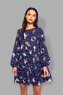 cosmic drifters tiered tea dress close zodiac skies
