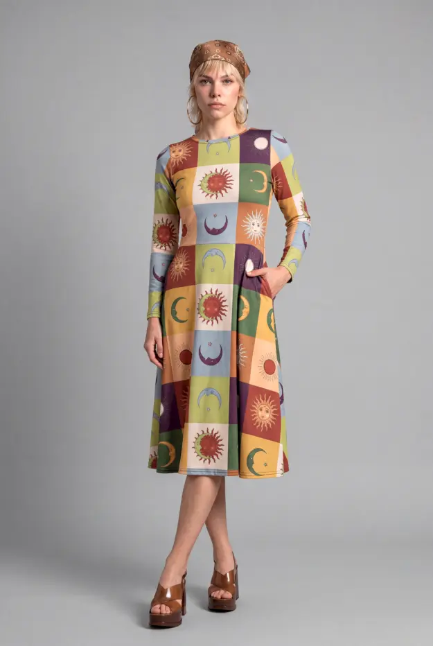 90s patchwork print long sleeve midi dress