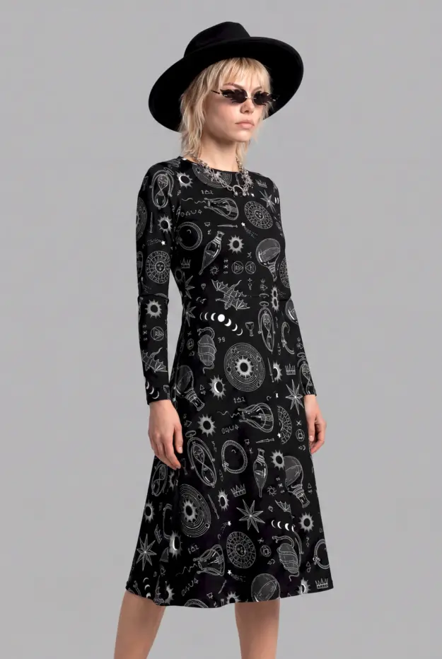 alchemy print long sleeve midi dress