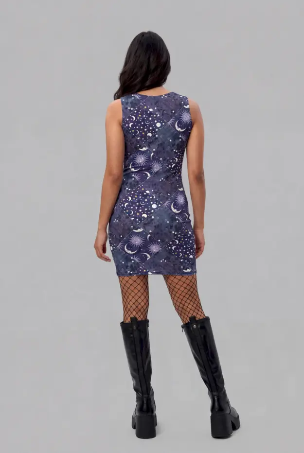 celestial patchwork print bodycon dress