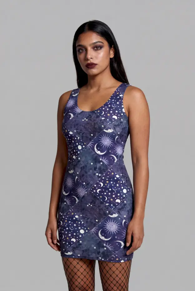 celestial patchwork print bodycon dress