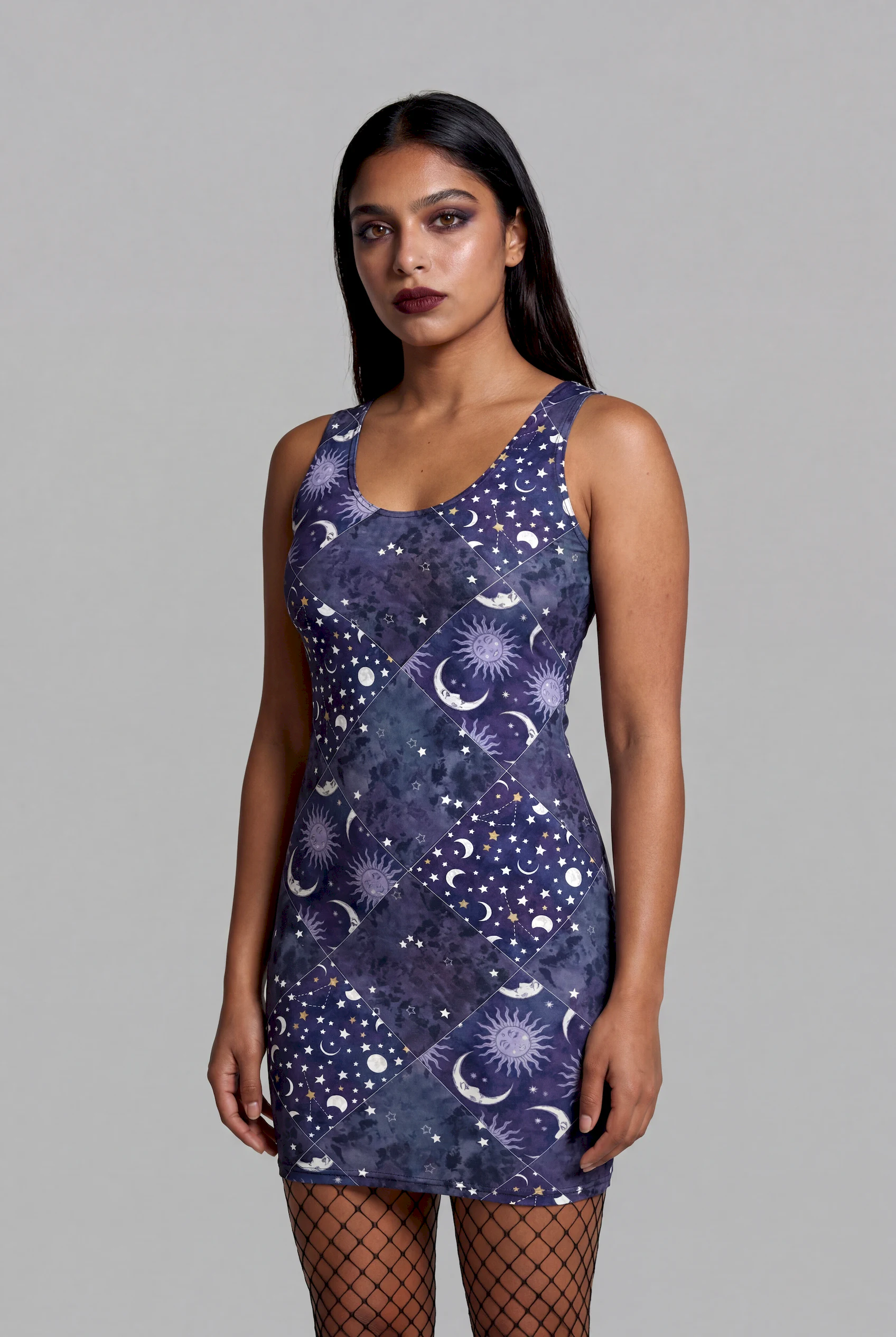 celestial patchwork print bodycon dress