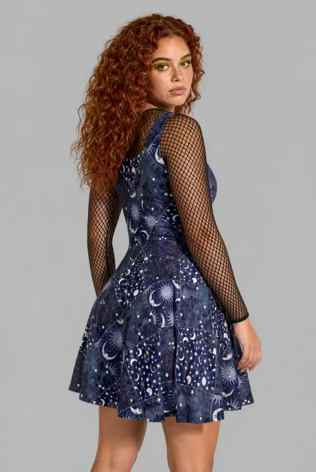 celestial patchwork print skater dress