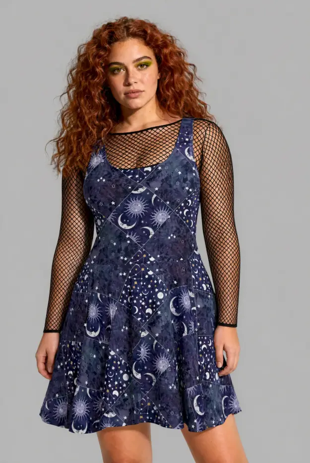 celestial patchwork print skater dress