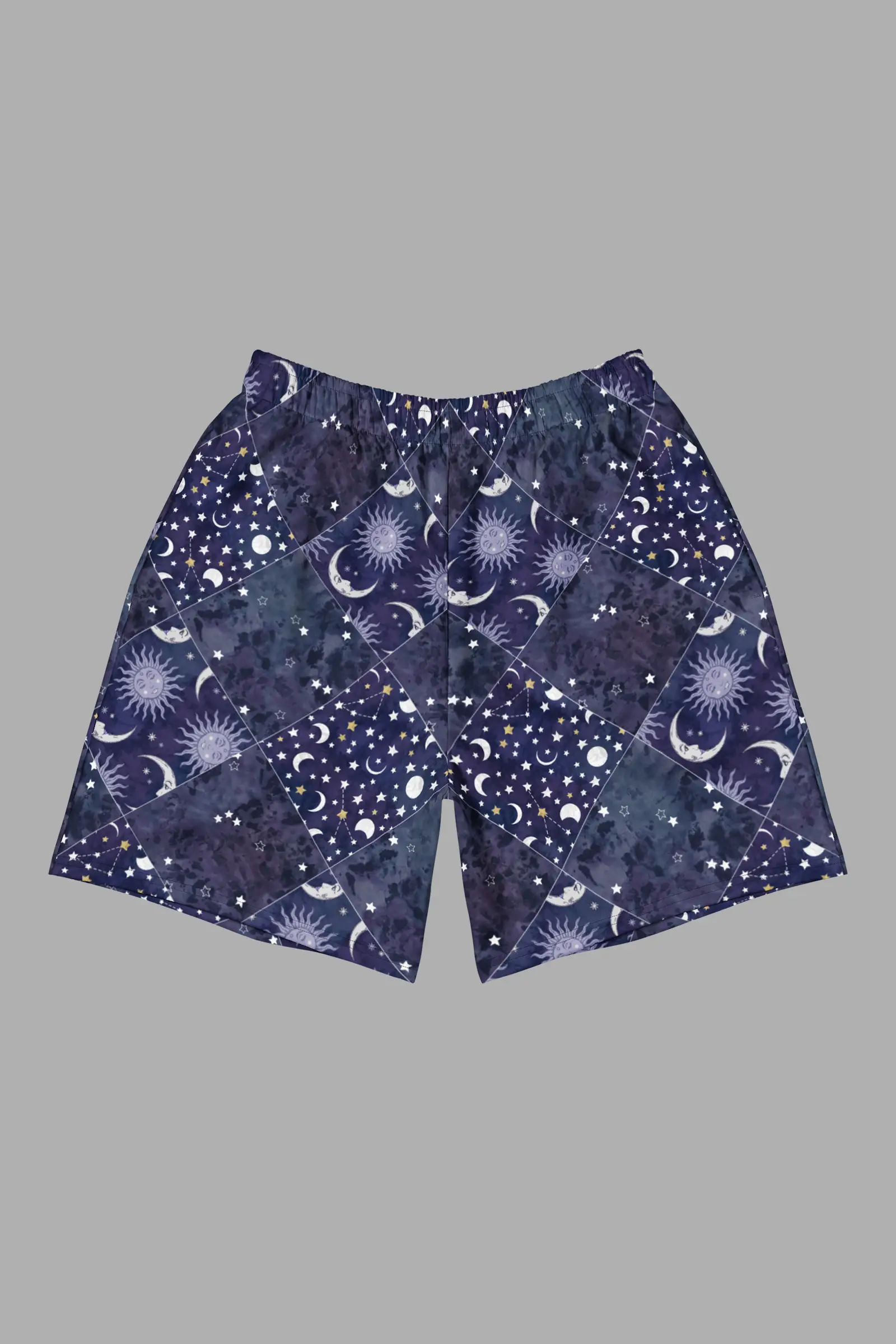 celestial patchwork print unisex athletic long shorts