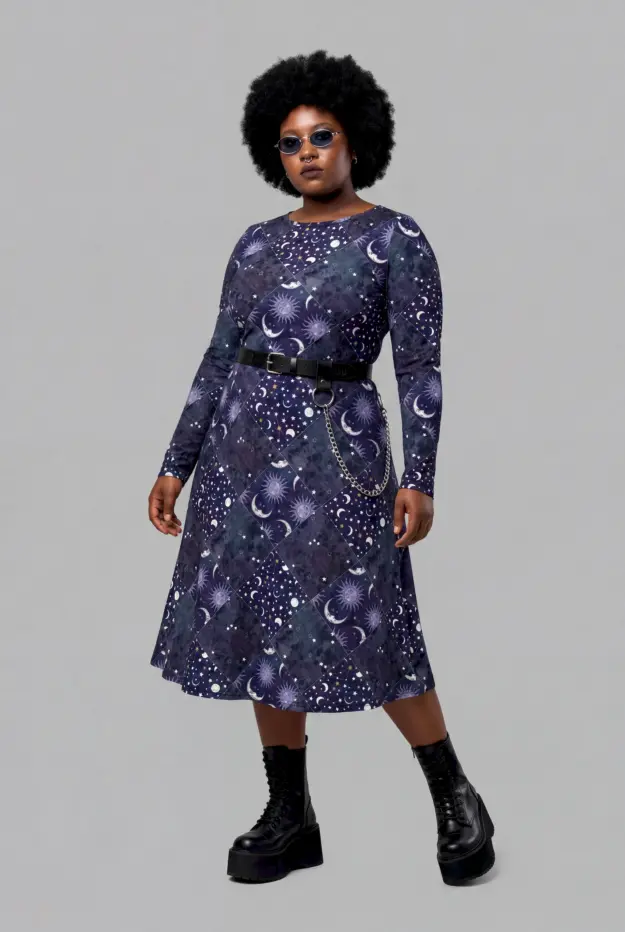 celestial patchwork print long sleeve midi dress