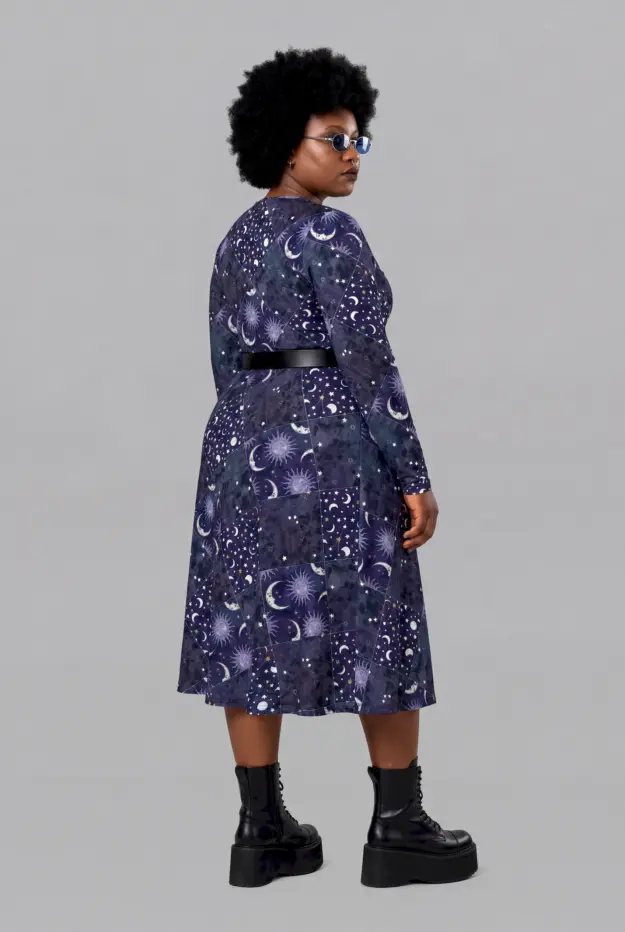 celestial patchwork print long sleeve midi dress