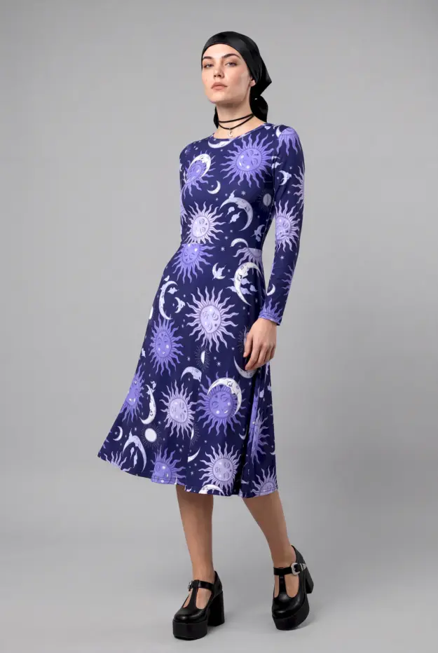 celestial whimsy print long sleeve midi dress