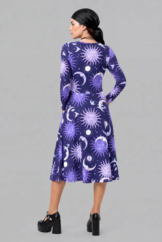 celestial whimsy print long sleeve midi dress