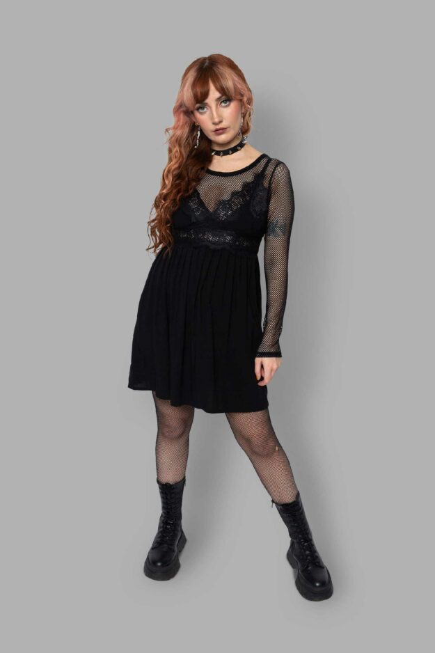 cosmic drifters black viscose eyelash lace slip dress front