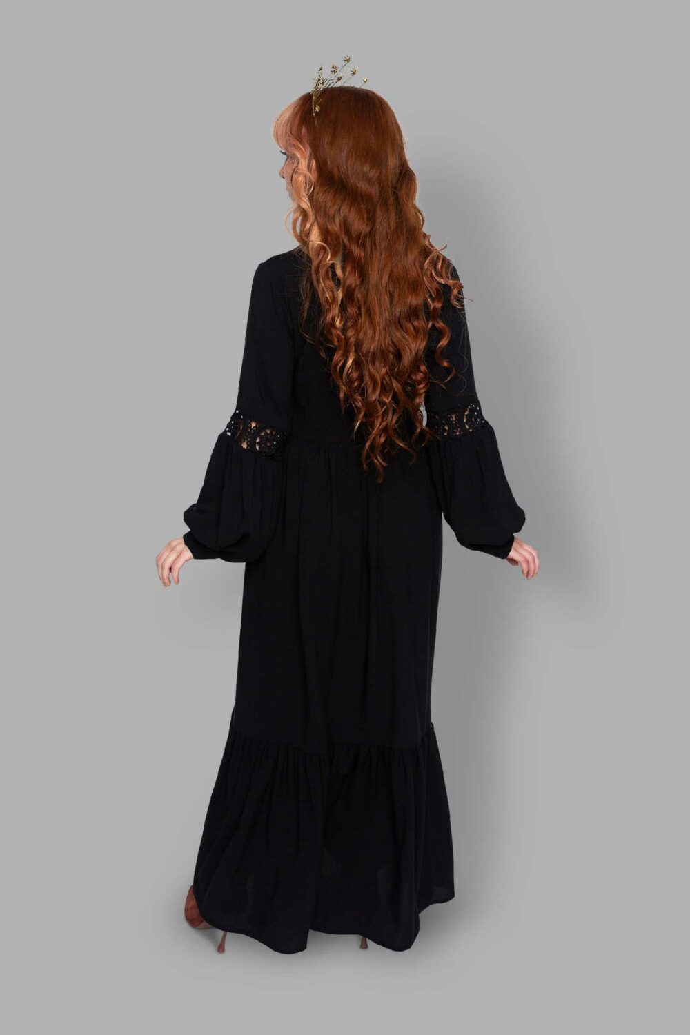 cosmic drifters black viscose lace insert maxi dress back