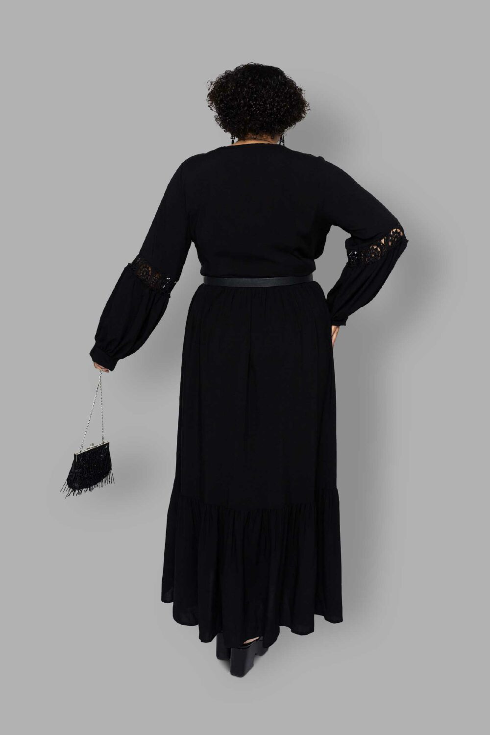 cosmic drifters black viscose lace insert maxi dress back plus size