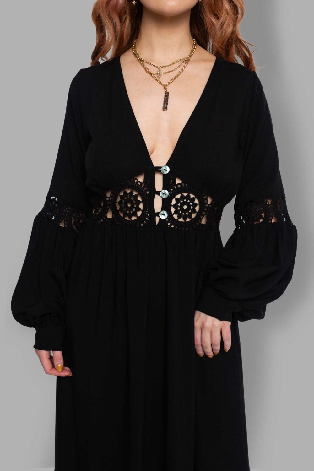 cosmic drifters black viscose lace insert maxi dress close