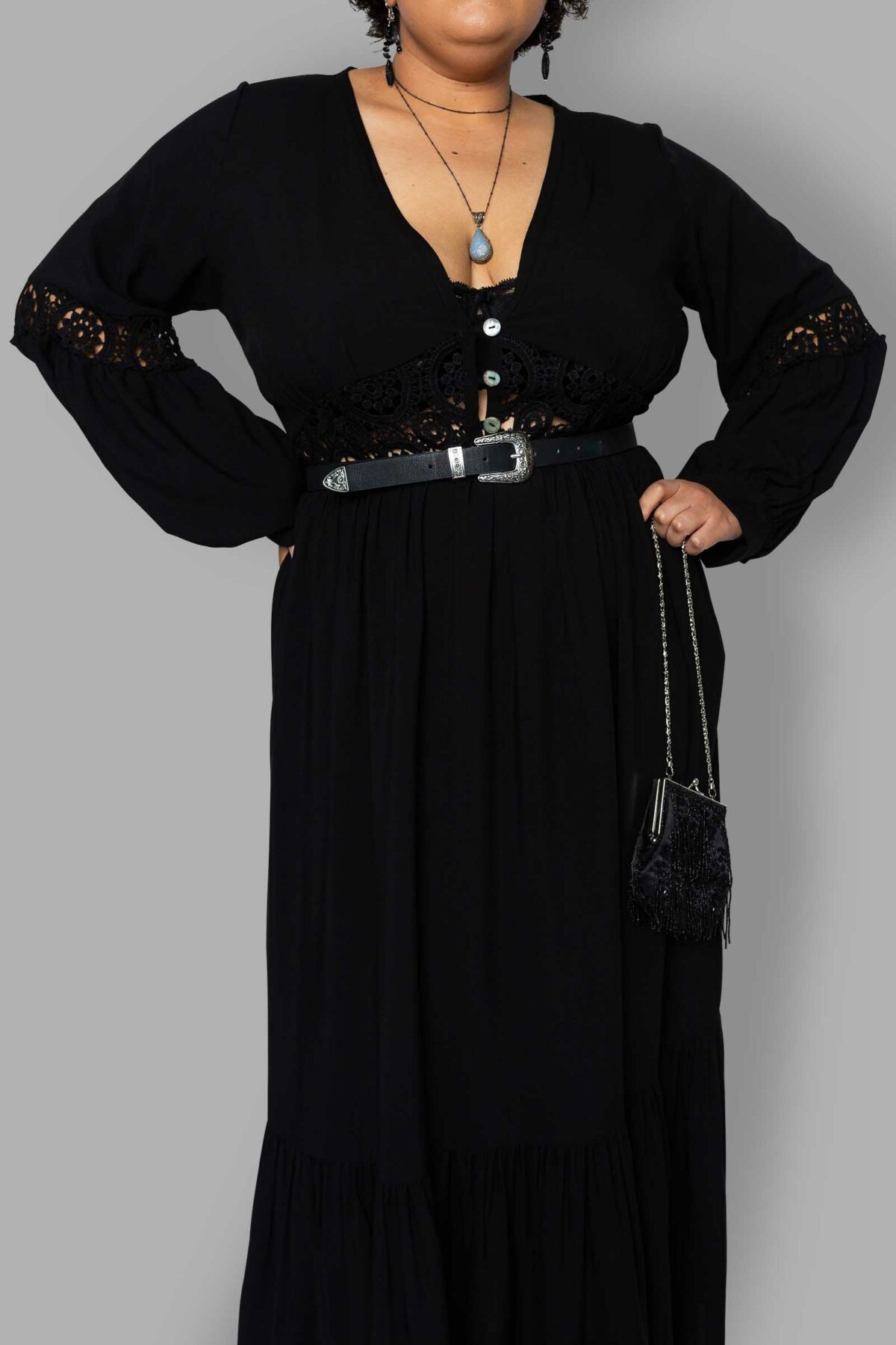 cosmic drifters black viscose lace insert maxi dress close plus size