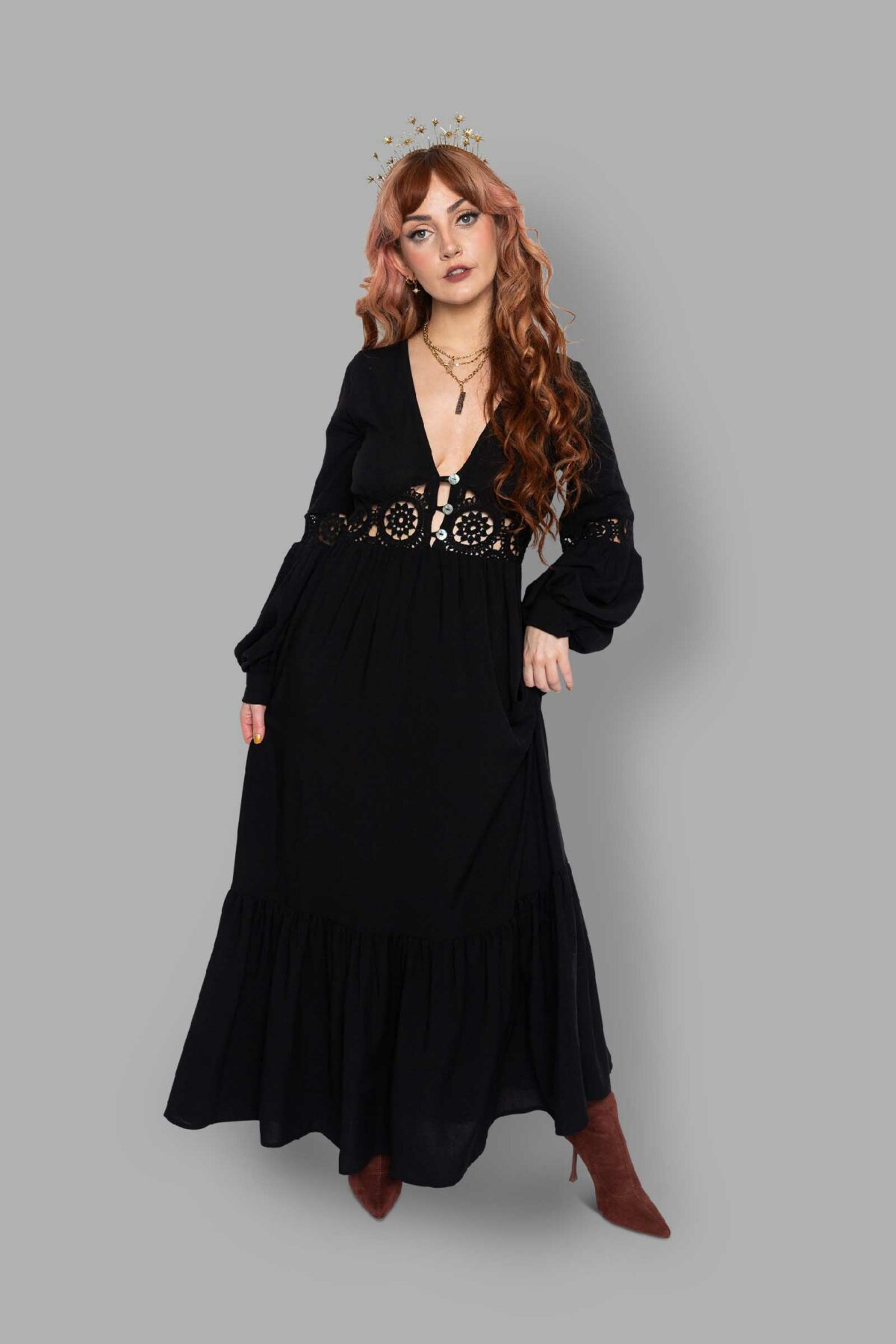 cosmic drifters black viscose lace insert maxi dress front