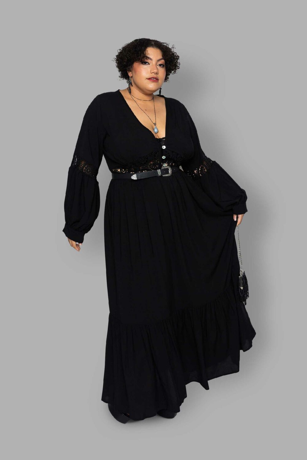 cosmic drifters black viscose lace insert maxi dress front plus size