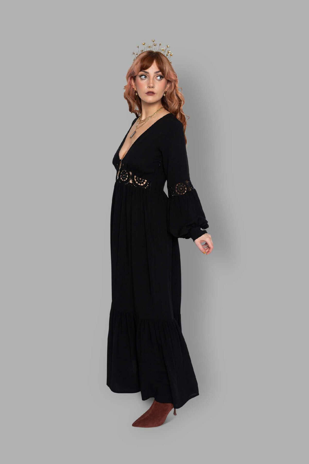 cosmic drifters black viscose lace insert maxi dress side