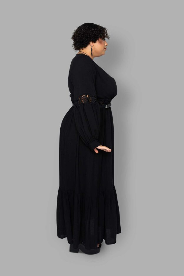 cosmic drifters black viscose lace insert maxi dress side plus size